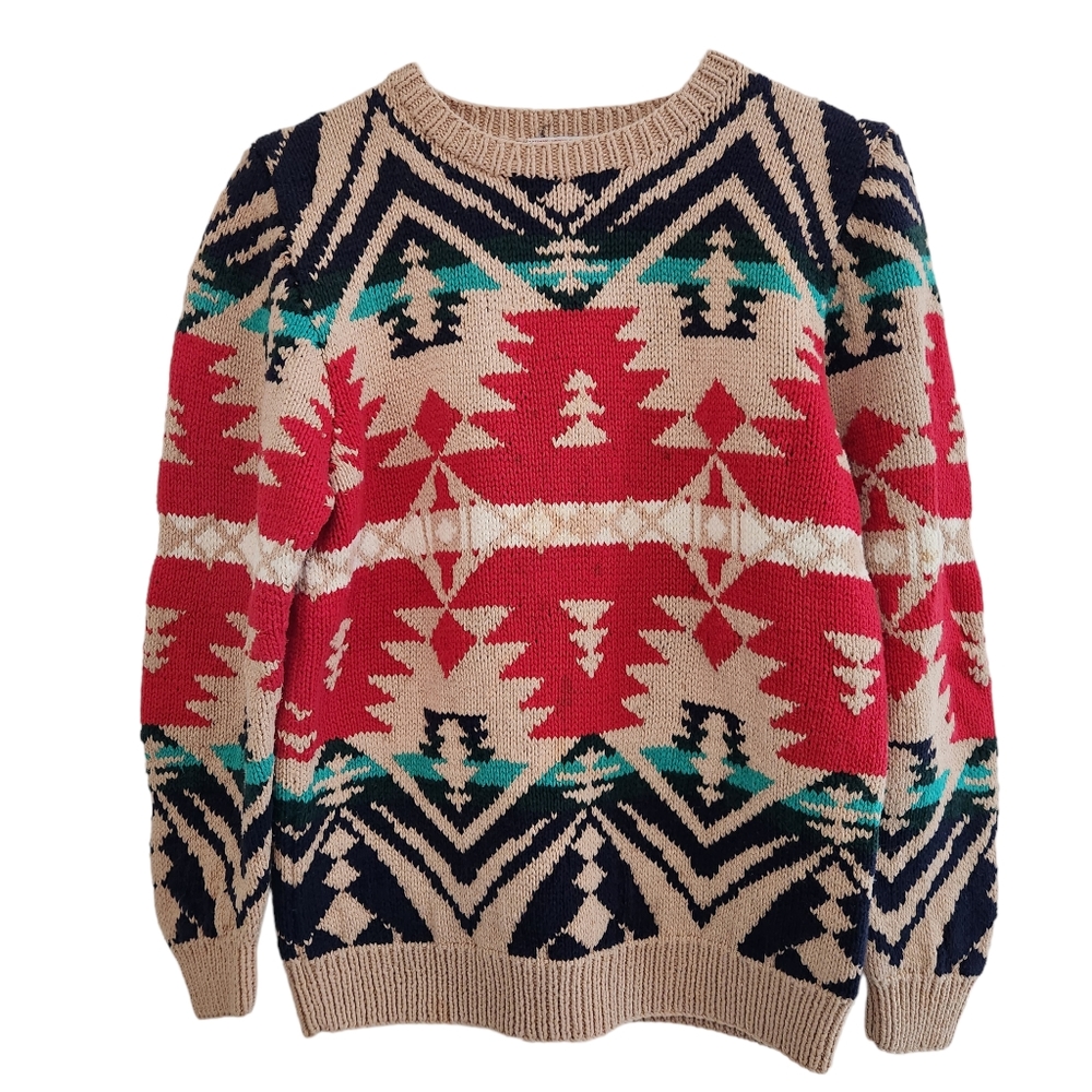 Neiman Marcus Exclusive Vintage Hand Knit Cotton Aztec Sweater Size Medium